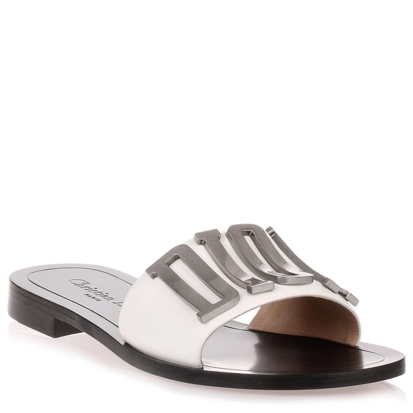 Dior Evolution White Leather Slide Flat Sandals Silver Metal Logo Size 8.5 - Picture 2 of 15